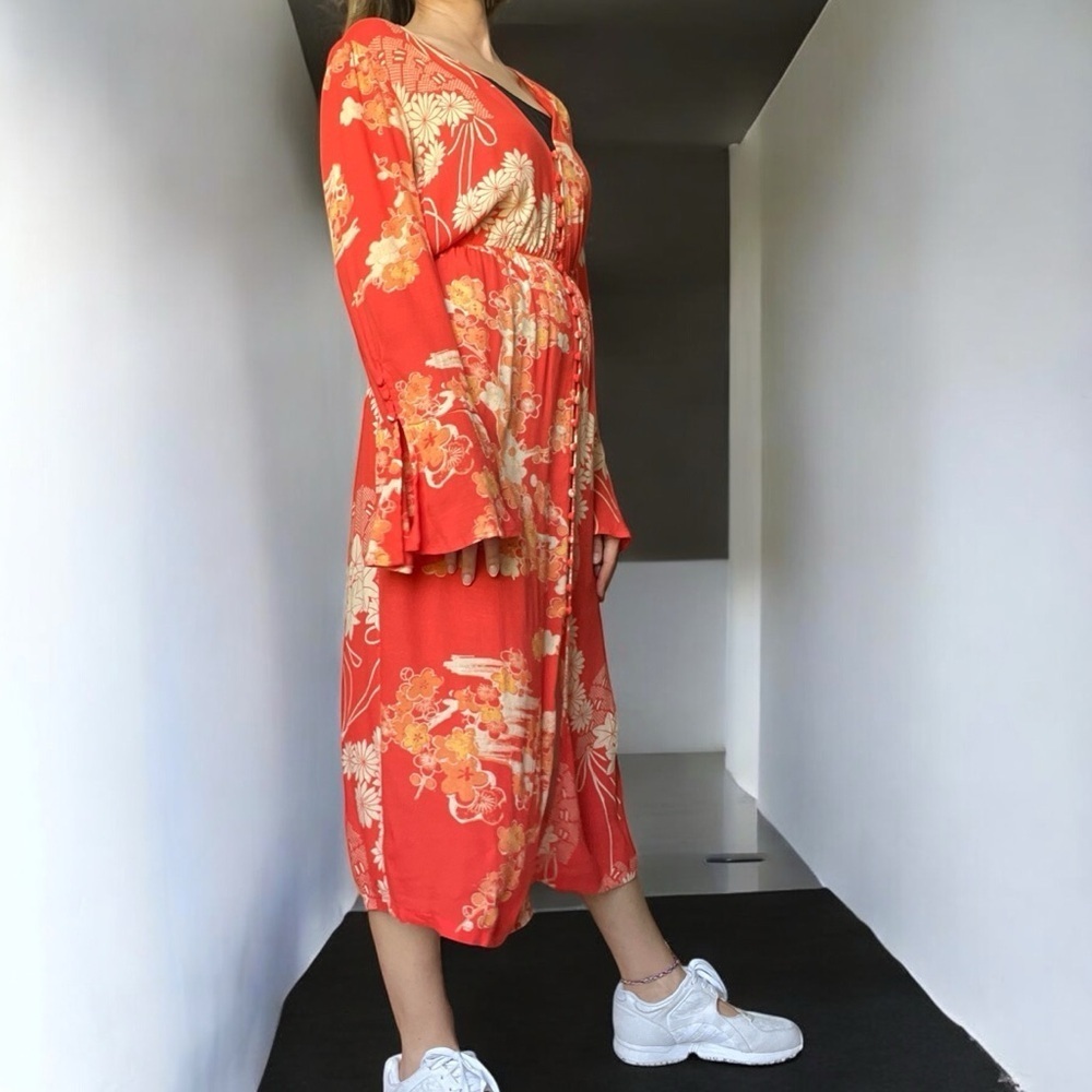 Free People Orange Midi Tie Back Dress Resort Boho Retro Style Floral dress S - Picture 3 of 11